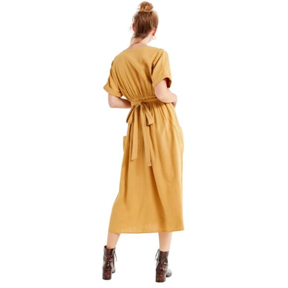 Urban Outfitters Gabriella Linen Blend Midi Wrap Dress M Mustard Gold Slouchy - Picture 4 of 11